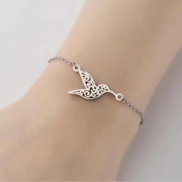 Stainless Steel Bracelet Hollow Bird  Silhouette Curb Link Chain … - Picture 3 of 4